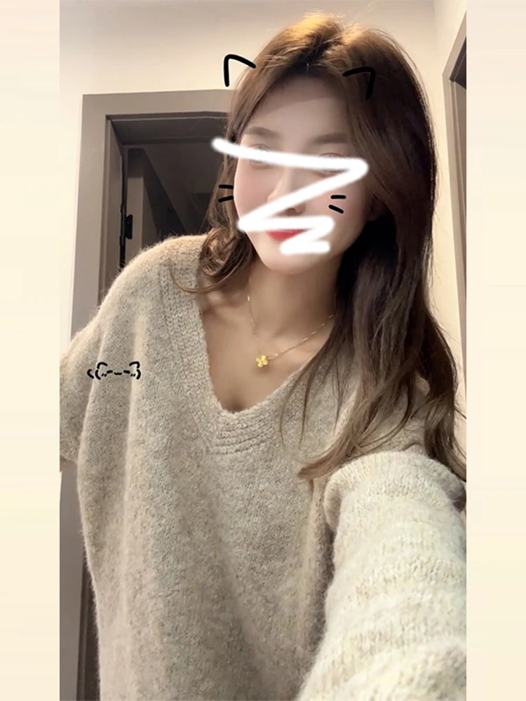 

Ay Lazy Sle V-Ne Трикотаж женский свободный топ на голову зимний сезон Faion Sweet Sle из смеси полиэстера Long Sve