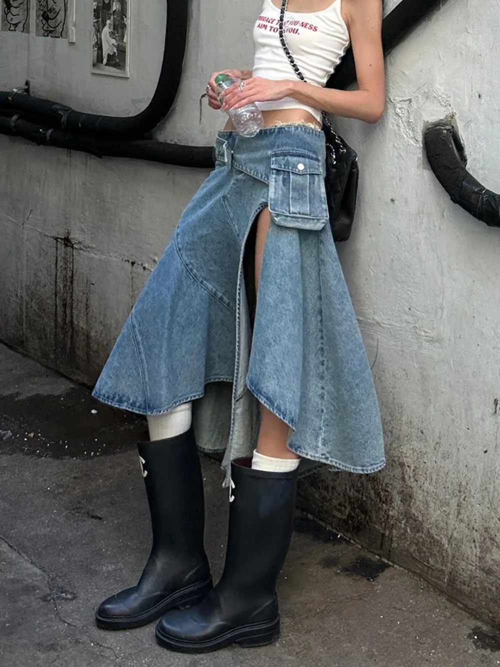 

Retro Asymmetric High Street Denim Cargo Skirt Women Summer Sexy Side Slit A Line Mini Skirt Y2K Grunge Aesthetic