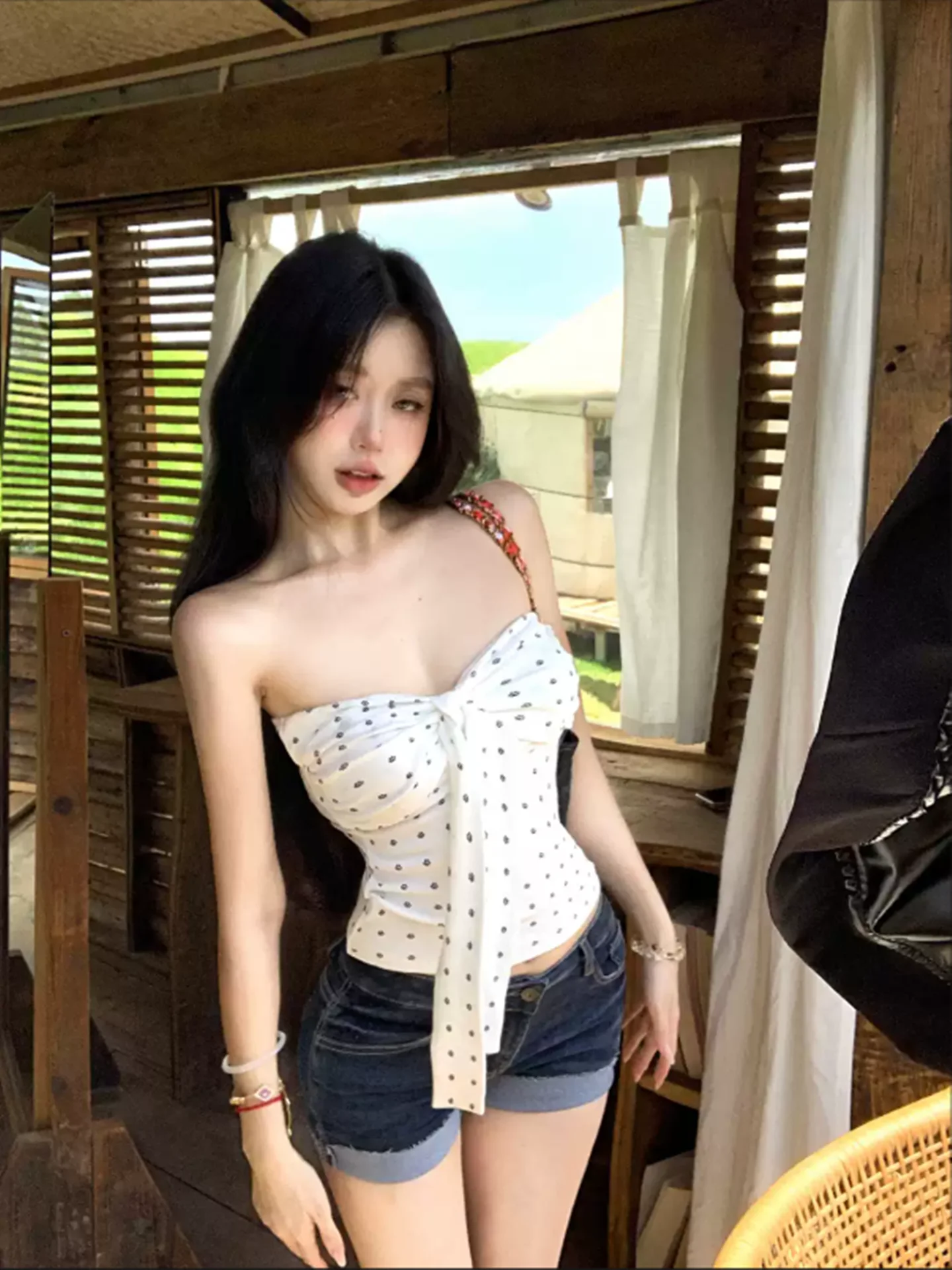 Summer Polka Dot Print Bandeau Vest Women's Short Style Outerwear Sexy Top  Knot Waist Cinching Hot Girl Outfit