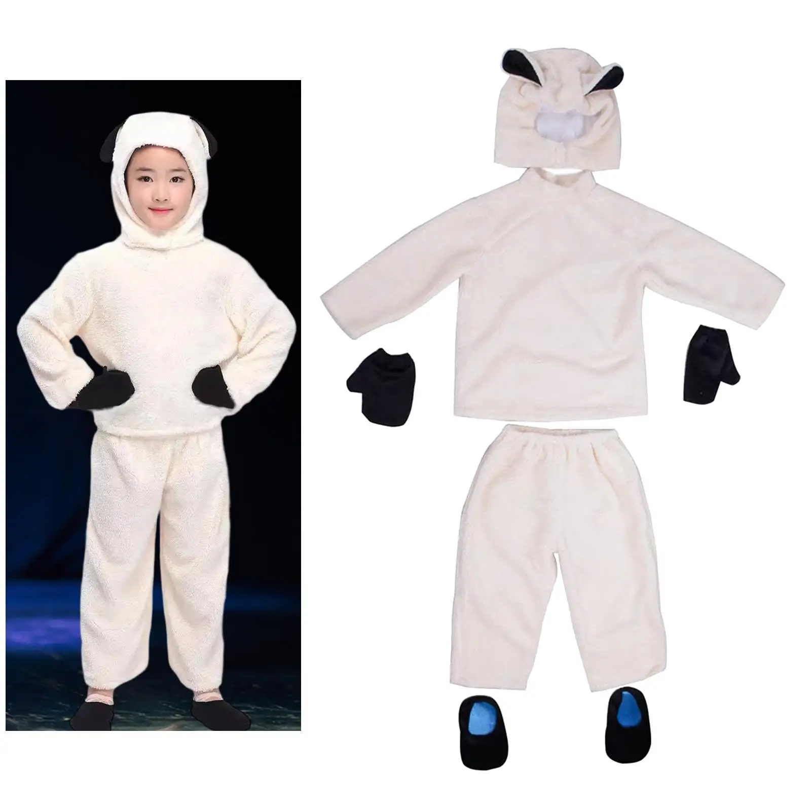 

Performance Costume Kids Hooded Tops Little Lamb Farm Animal Dress Up with Mittens for School Play Dance Carnival and Stage Show