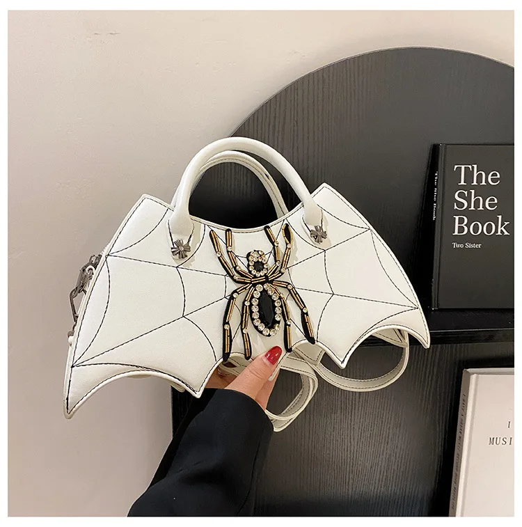 Novelty Bat Wing Shoulder Bag Devil PU Leather Spider Diamonds Web Crossbody Handbags for Women Purse Female Bags