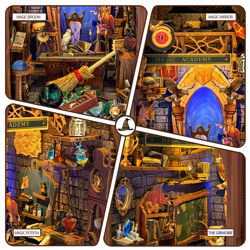 NIEUWE DIY Boekenhoekje Plank Insert Kits Magic Academy Cottage Boekenplank Houten Miniatuur Model Kit Handgemaakte Boekensteun Vrienden Geschenken