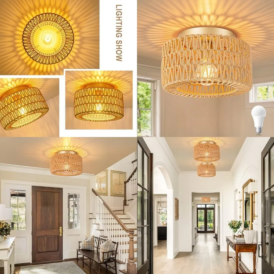 Rattan Ceiling Light Fixtures 12-Inch, LED Bulb Included,Hand-Woven Boho Flush Mount Ceiling Light, Rattan Chandelier for Hallw