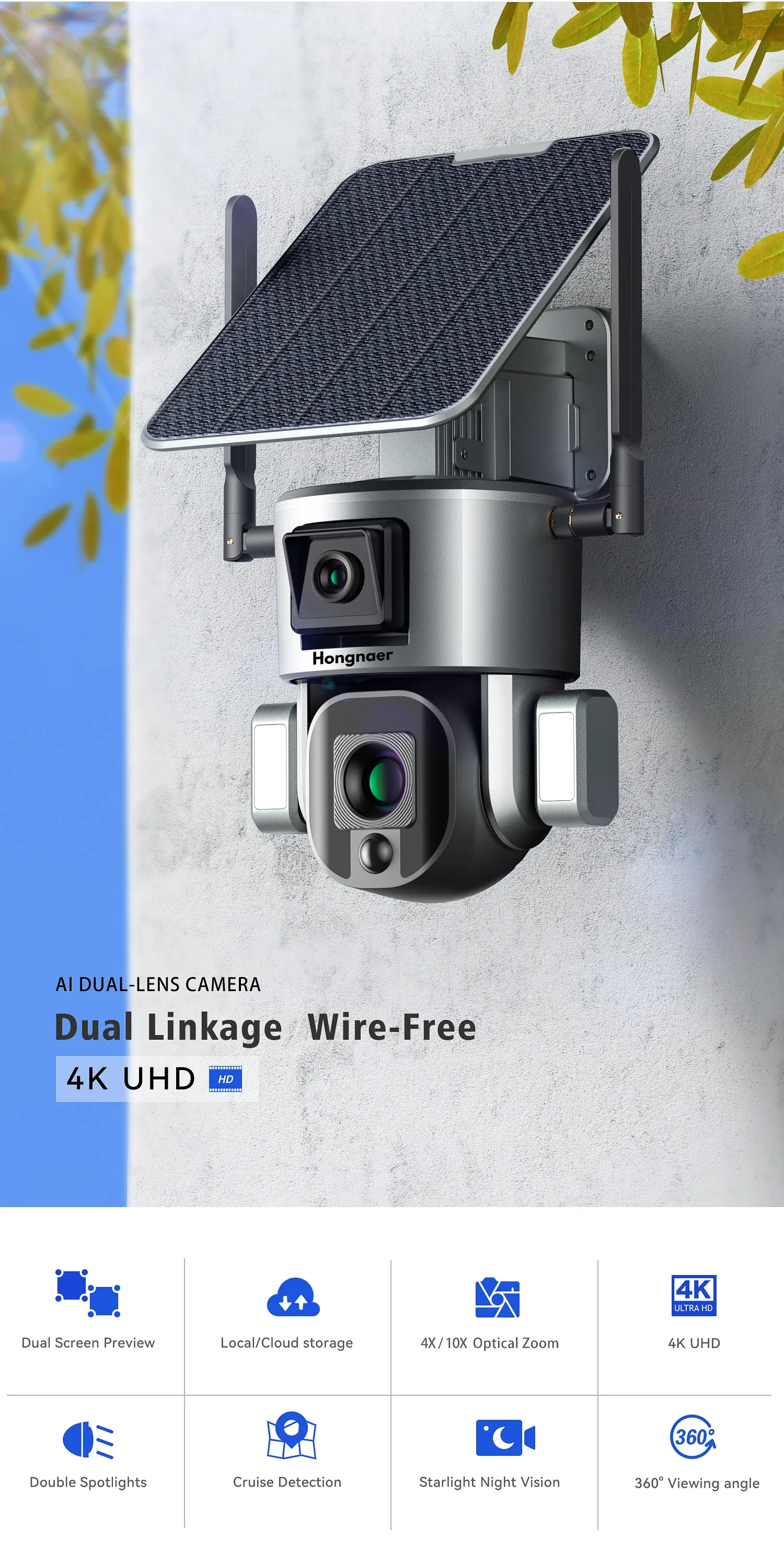 Hongnaer 8MP الطاقة الشمسية اللاسلكية 4G PTZ كاميرا الأمن Niview 20X التكبير عدسة مزدوجة 4K في الهواء الطلق واي فاي 4G بطاقة Sim CCTV كاميرا تعمل بالطاقة الشمسية