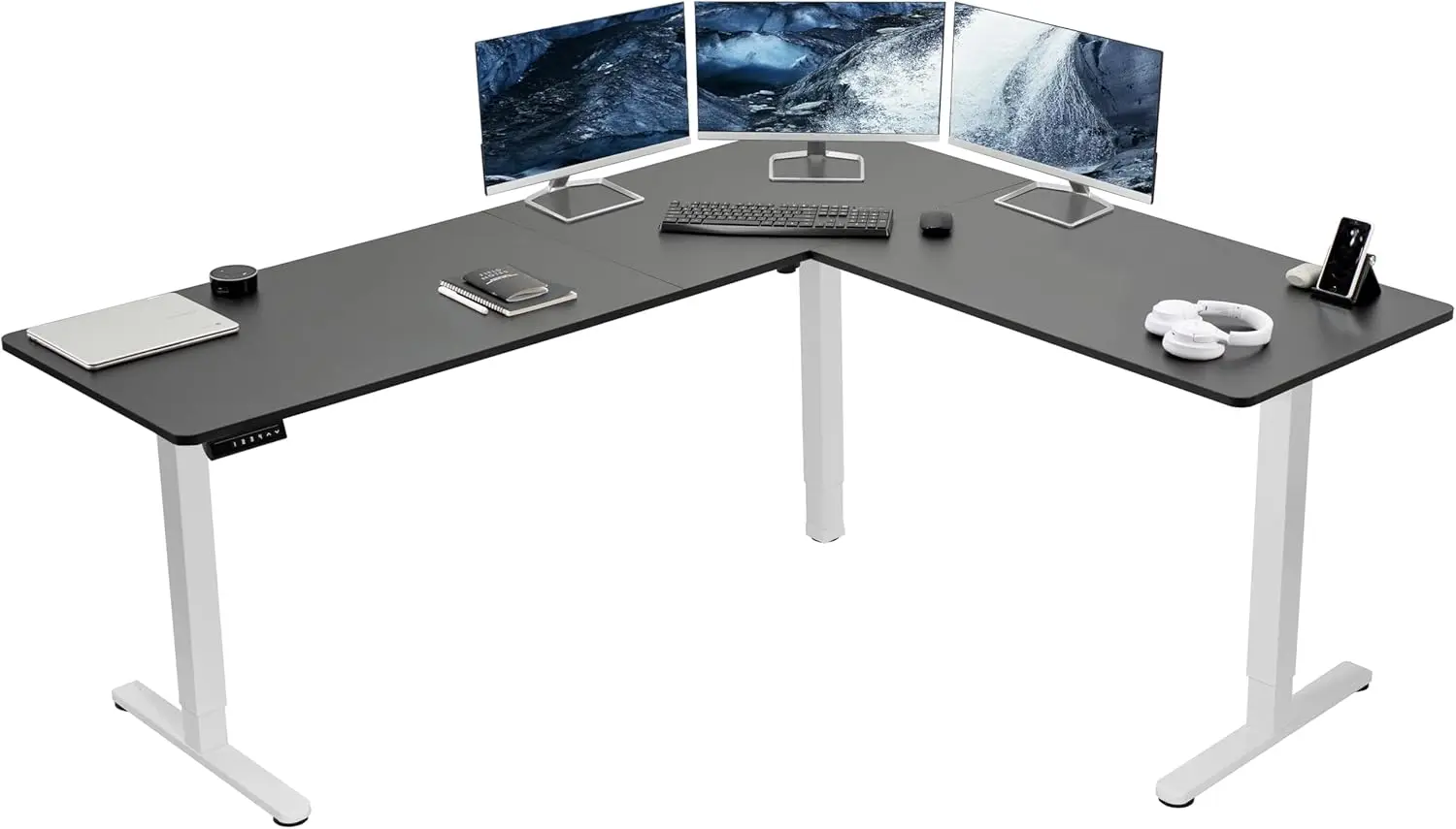 Electric Corner L-Shaped 75 x 63 inch Standing Desk, Height Adjustable, Memory Controller, Black Top White Frame