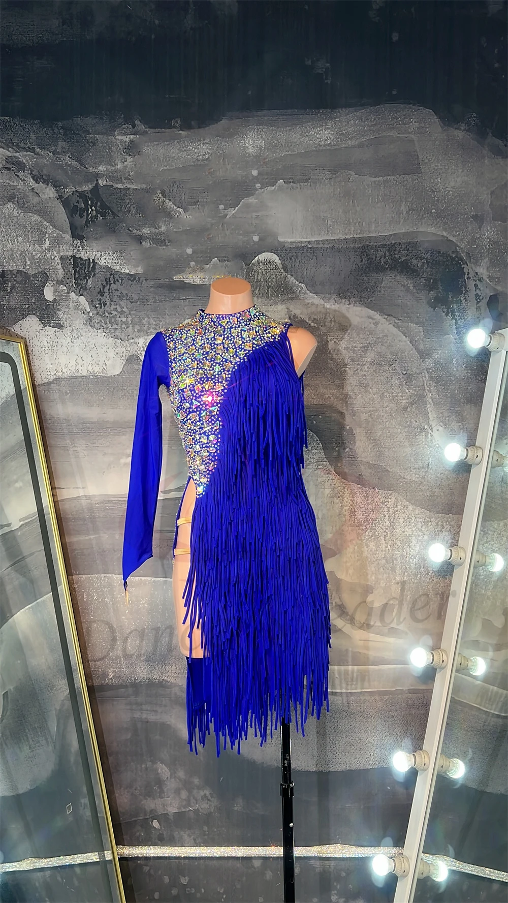 Vestido de baile latino AB Stone para mujer, adulto y niño, personalizado, de gama alta, azul real con borla, negro, piscina, Samba