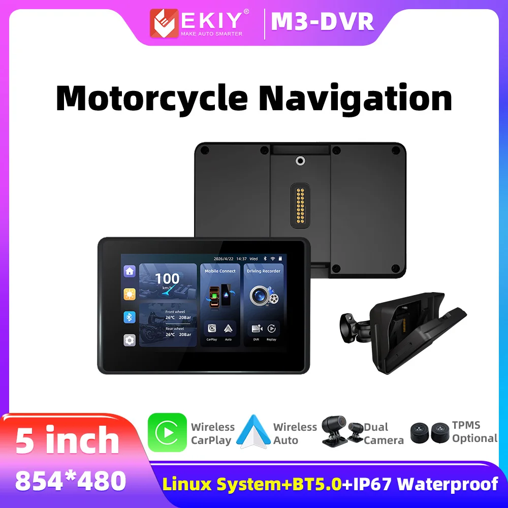 EKIY 5 In Motorcycle  Display Screen GPS Navigation Wireless CarPlay Android Auto TPMS Waterproof IP67 Dual Camera TPMS Monitor