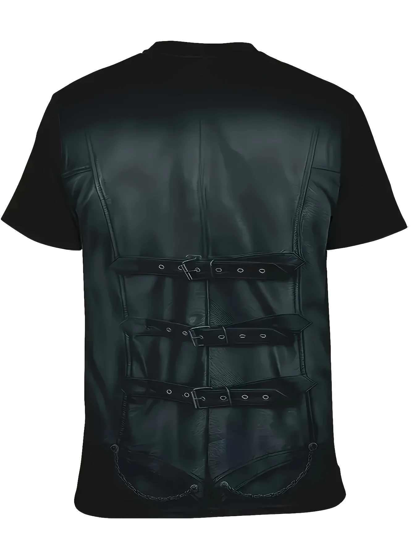Mens Punk Biker Graphic Tee, 3D Fake Leather Jacket with Chain Lock Print Short Sleeve Casual Motorcycle T-Shirt