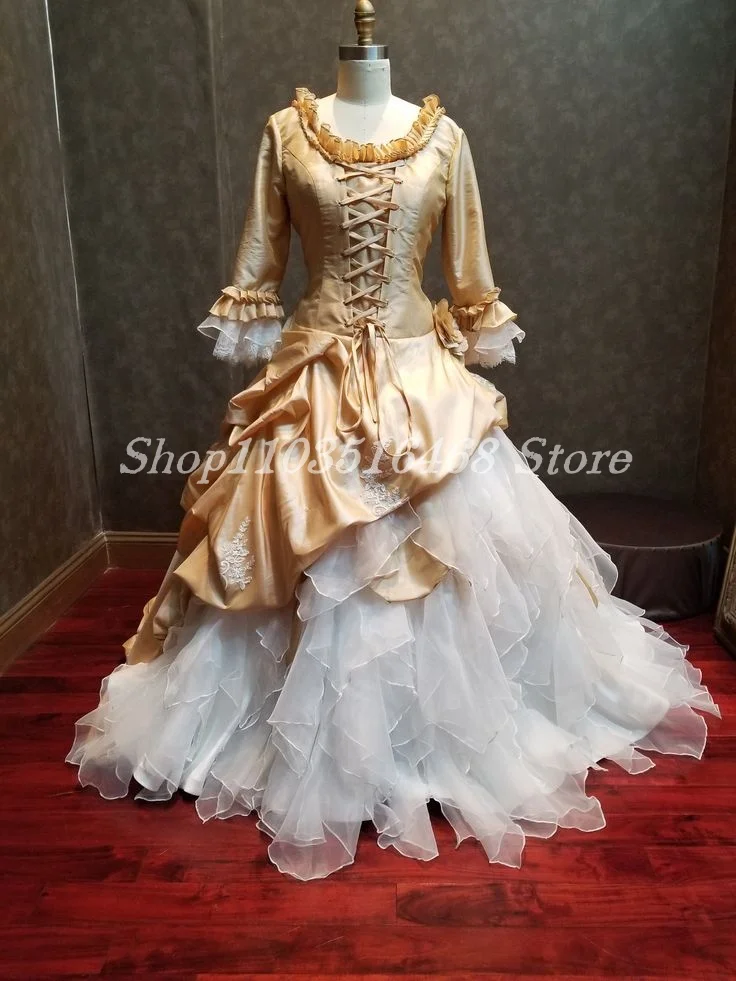 Champagne Vintage Victorian Evening Gowns Marie Antoinette Bridal Gowns Bustier Strappy Round Neck Lace Halloween Dresses Custom