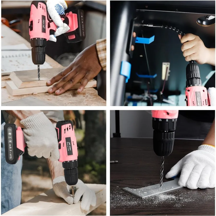 21V Pink Cordless Drill Set Designed for Home DIY and Repair Projects Features 350 inlb High Torque with Variable Speed Control