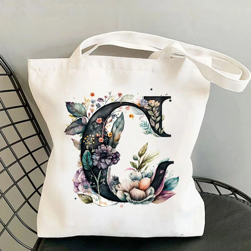 26 Black Alphabet  Flower Tote Bags for Women Large Capacity Canvas Casual New Shopping Printed Reusable Handbag