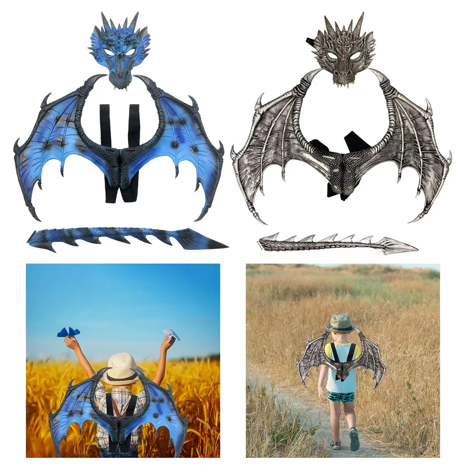 Kids Dragon Costume Wing Tail Face Cover Set Realistic Accessories Unique Durable Dress up Props Comfortable for Kid Teens