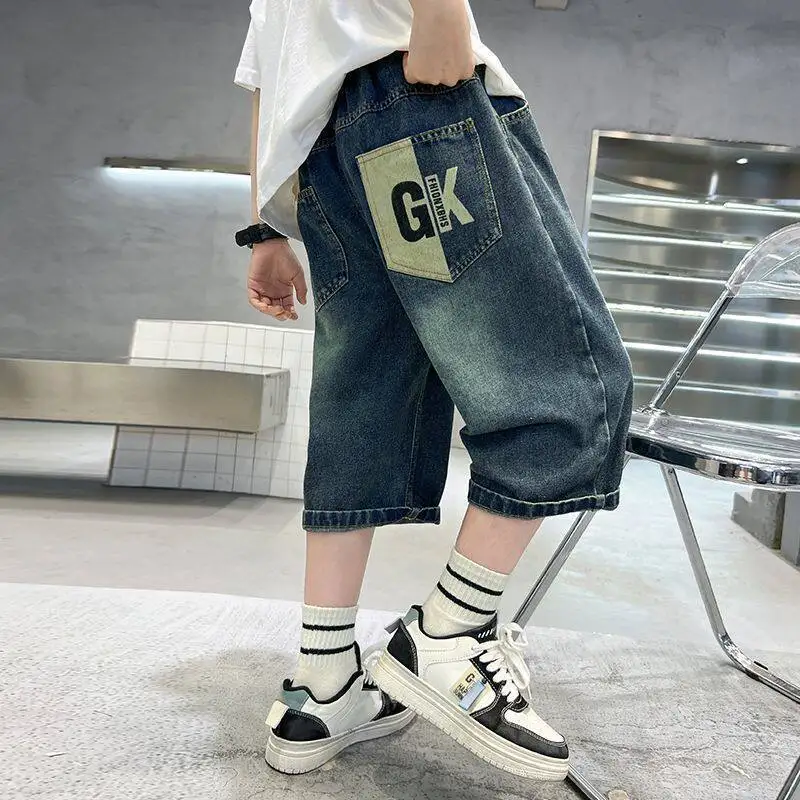 New Summer Teenage Boys Denim Shorts Classic Light Blue Thin Style Fashion Elastic Waist Jeans Shorts Kids Clothes 6 - 14 Years