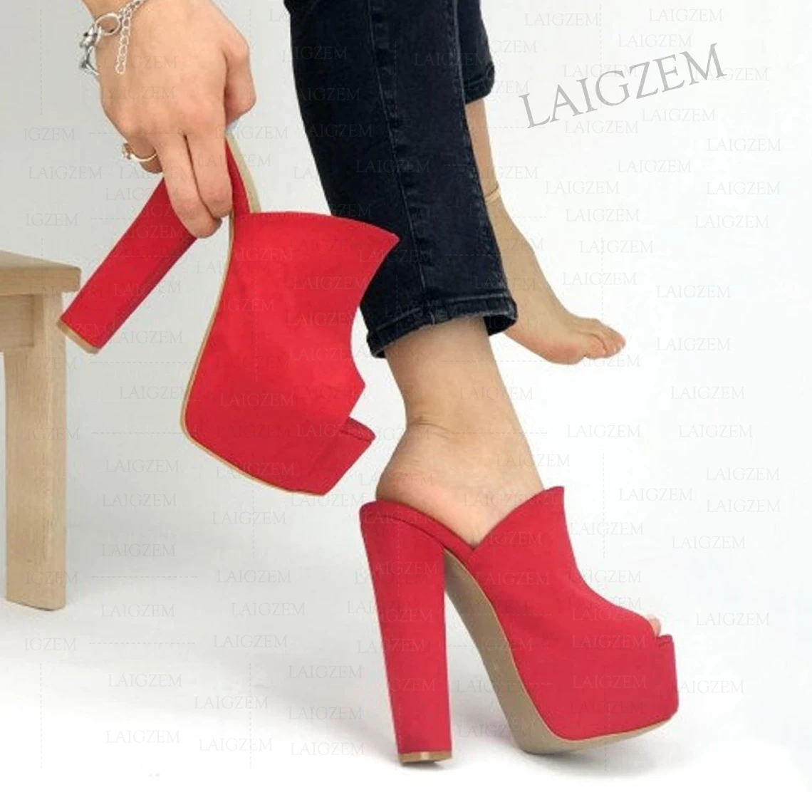 ZHIMA Women Platform Mules Slip On Peep Toe Thick High Heels Sandals Pumps Faux Suede Prom Shoes Woman Big Size 39 41 45 48 52