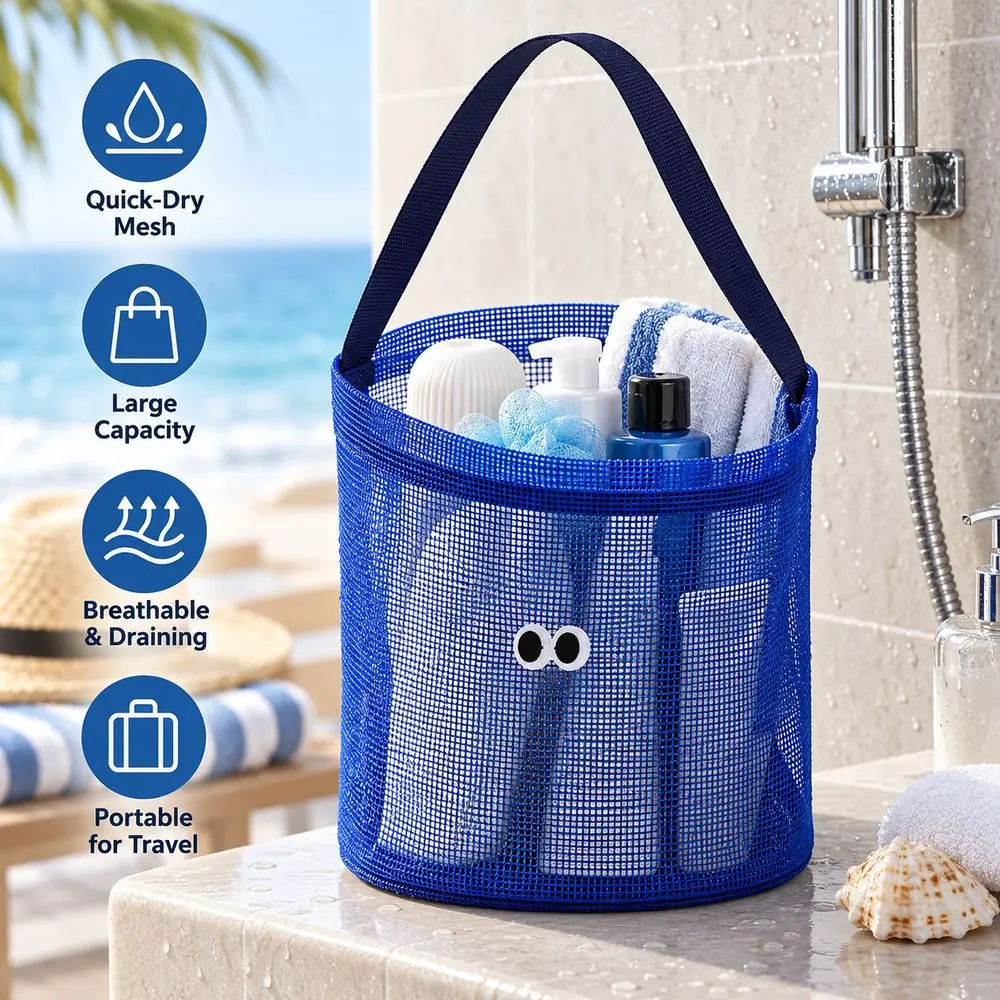 Foldable Shell Collecting Bag Mesh Structure Carry Strap Mesh Beach Bucket Embroidered Eyes Round Base Beach Tote Beach Outings