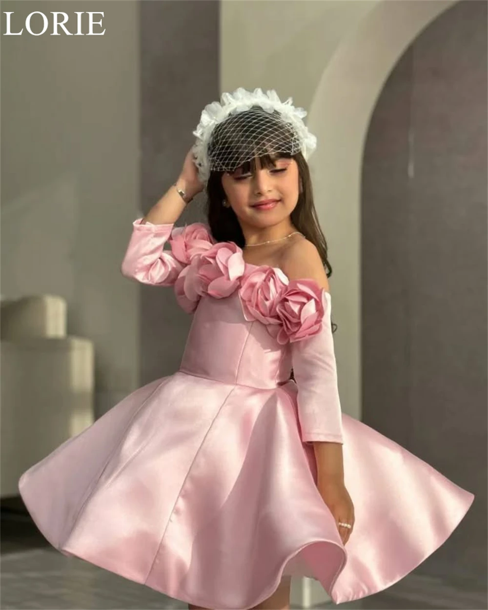 LORIE Cute Pink Satin Flower Girl Dresses A-Line 3D Flowers Strapless Mini Wedding Party Dress Fairy Birthday Dress Customized