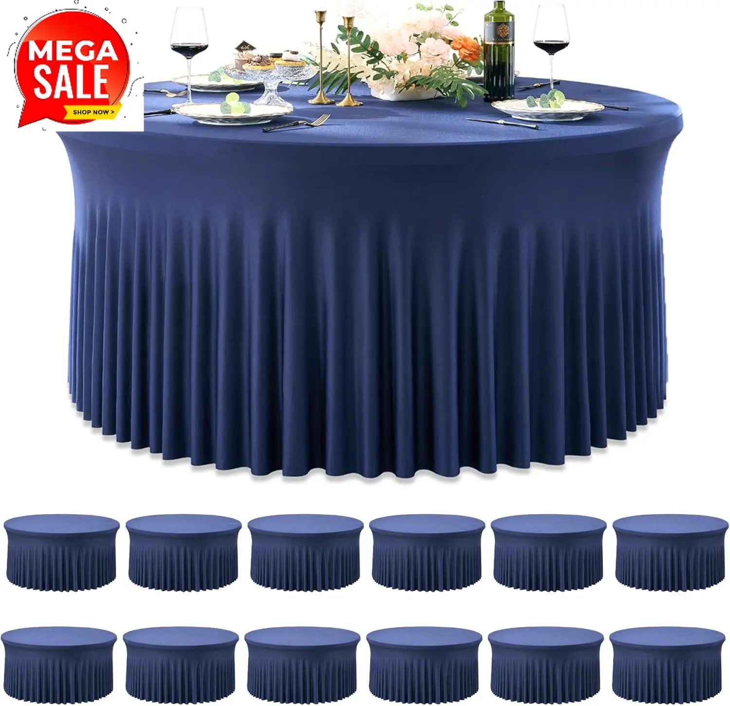 

12 Pack Navy Blue Spandex Round Tablecloths for 72 inch Table, Wrinkle Free Stretchy 132inch Fitted 6FT Round Table Cloths Cover