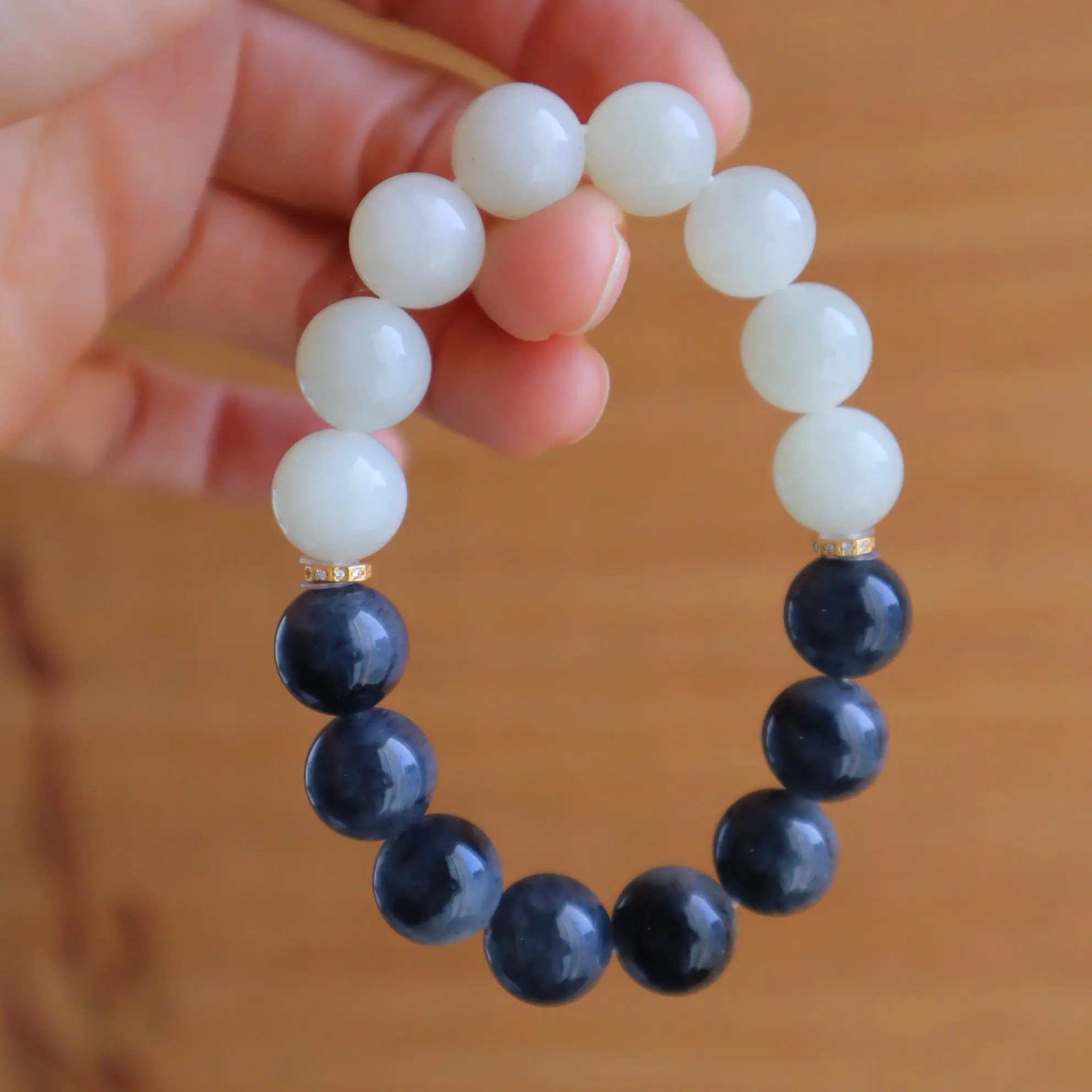 Natural Hetian Jade Blue‑and‑White Two‑Tone Bracelet,925 Silver Chinese‑Style Beaded Jewelry for Women Daily Wear