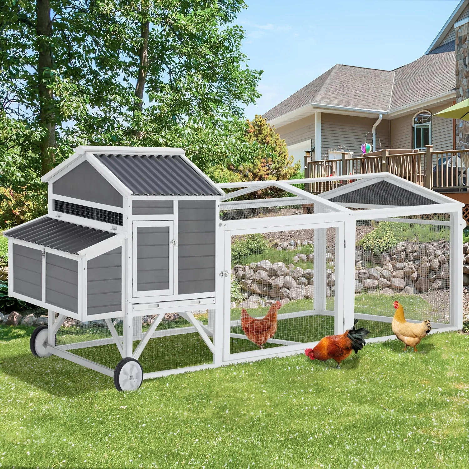 

YODOLLA Chicken Coop with 2 Wheels, 95" Large Wooden Chicken Coop W/Run And 2 Nesting Boxes Poultry Cage Outdoor Chicken Hutch T