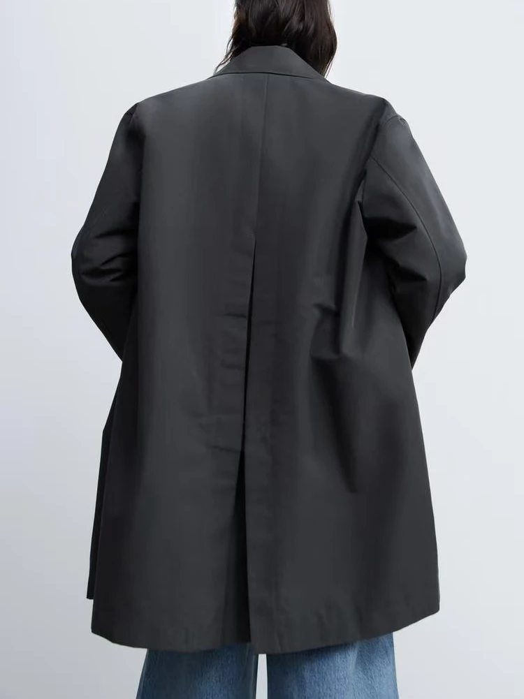 

Black Female Trench Coat Winter Solid Double Breasted Vintage Lapel Neck Long Sleeves Chic Lady Outfits Women'S Retro Loose