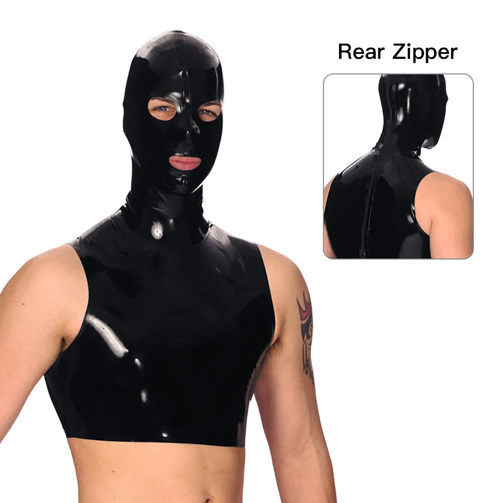 

Sexy Latex Mask Rubber Hood Men Top Vest Attached Handmade Costumes with Back Zip S-LM326