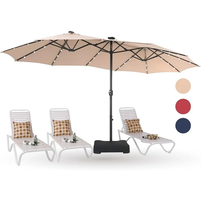 

15ft Patio Umbrella with Solar Lights, Double-Sided Outdoor Market Rectangle Umbrellas with 36 LED Lights, Base (Stand) Included