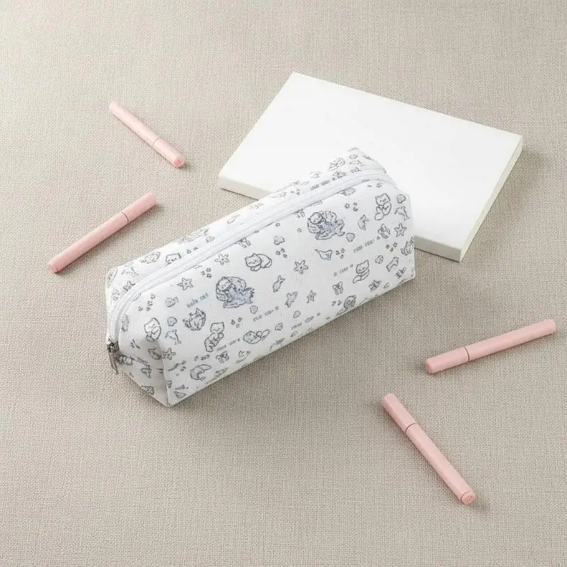 Canvas Pencil Case Polka Dot Bow Cat Star Print Sturdy Zipper Perfect For Students Daily Stationery Storage