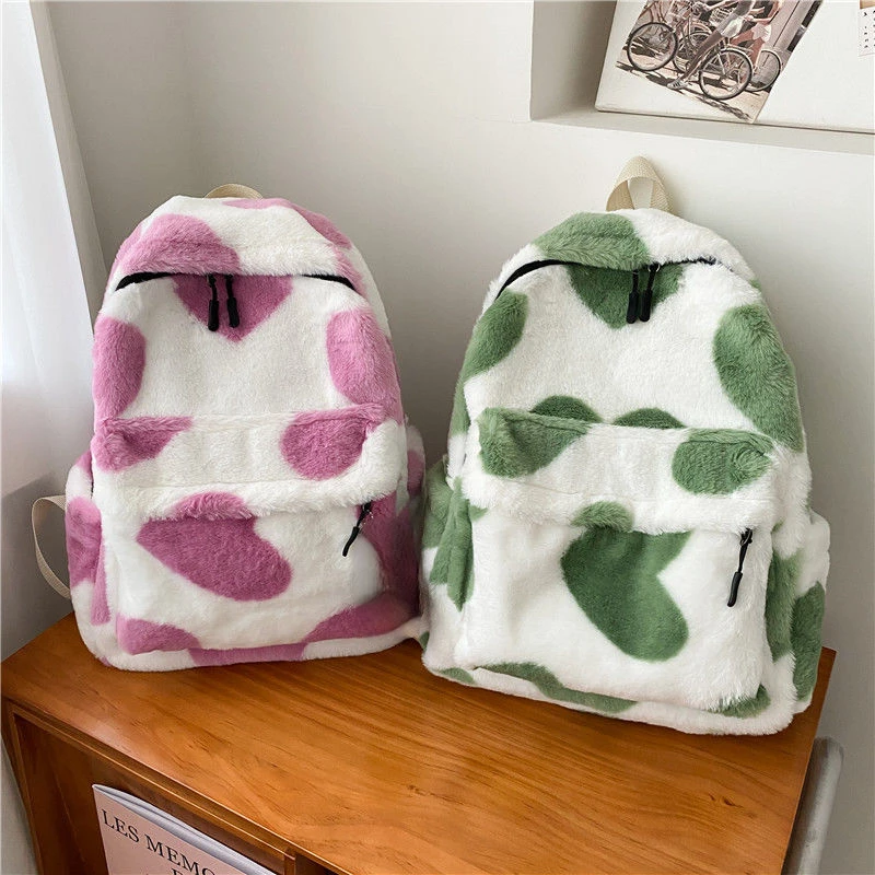 Heart Plush Cartoon Backpack Girl Plush Backpacks Cute Fur Backpacks Children School Bags Kids Gift Book Bag Mochilas Para Mujer