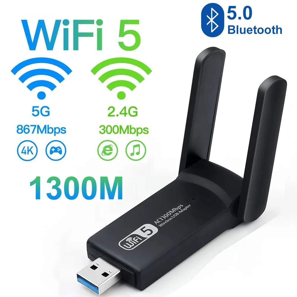 USB 3.0 WiFi Adapter 1300Mbps Wireless Network Card Bluetooth 5.0 Dual Band2.4G/5GHz USB Wireless Receiver For PC Desktop Laptop