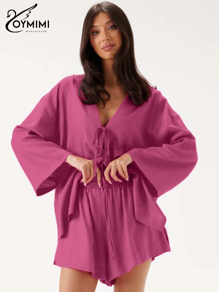 

Oymimi Casual Pink Cotton 2 Pieces Set For Woman Fashion V-Neck Long Sleeve Lace-Up Shirts And Simple Loose Shorts Female Sets