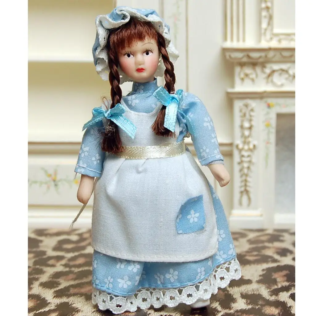 Dollhouse Miniature Porcelain Doll People Figure Lovely Little Girl with Blue