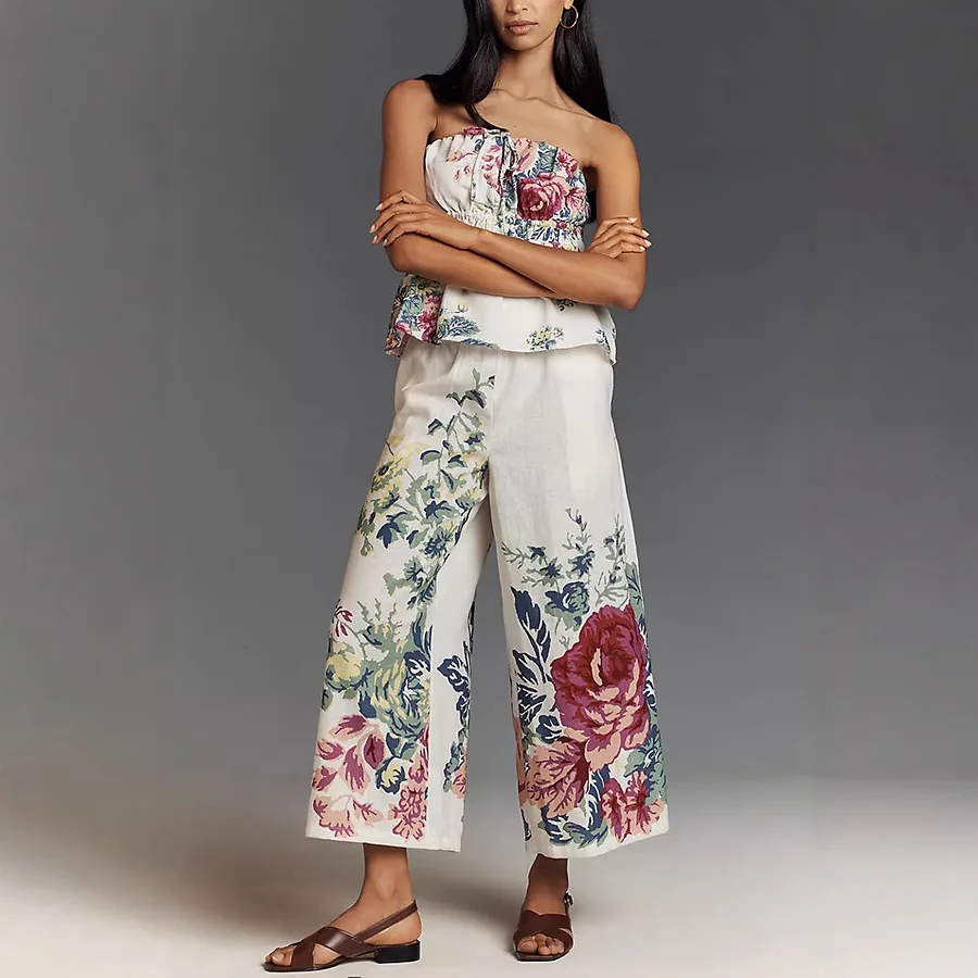 

VEITCHE Summer Women Flower Print 2-Piece Set Off Shoulder Mstrapless Top And Wide Leg Pants Casual Suit Sweet Vacation Outfit