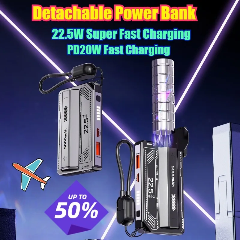 

22.5W 5000mAh Mecha Super Fast Charging Detachable Battery Power Bank with Built-in Cable for All Series of Smartphones