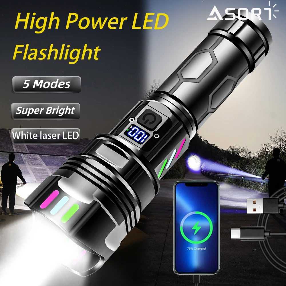 Powerful LED Flashlight Outdoor Waterproof Strong Light Lantern USB Rechargeable Tactical Torch High Power Super Bright Lamp