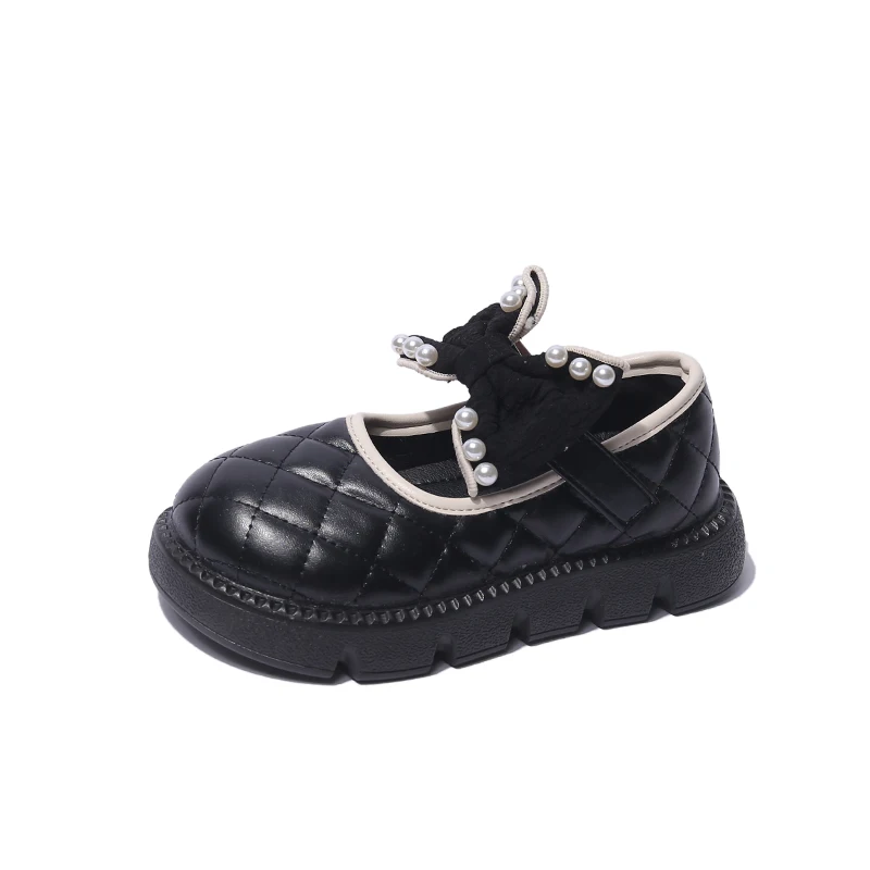 Scarpe da bambino ragazza principessa scarpa fiocco perle pelle ragazza carina Mary Jane scarpa spessa Soleanti Slip Shoes