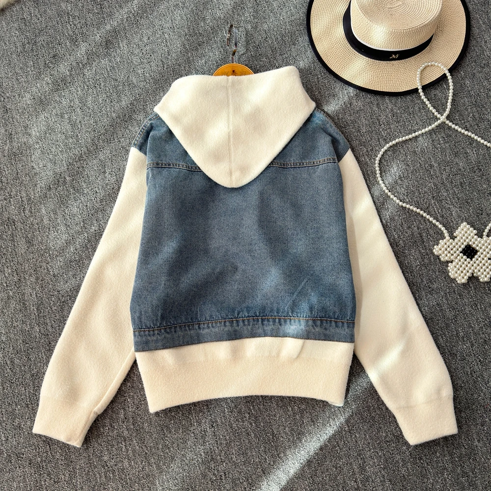 Vintage Denim Patchwork Hooded Sweatshirt For Women Winter and Autumn New Niche Loose Slimming Short Jacket