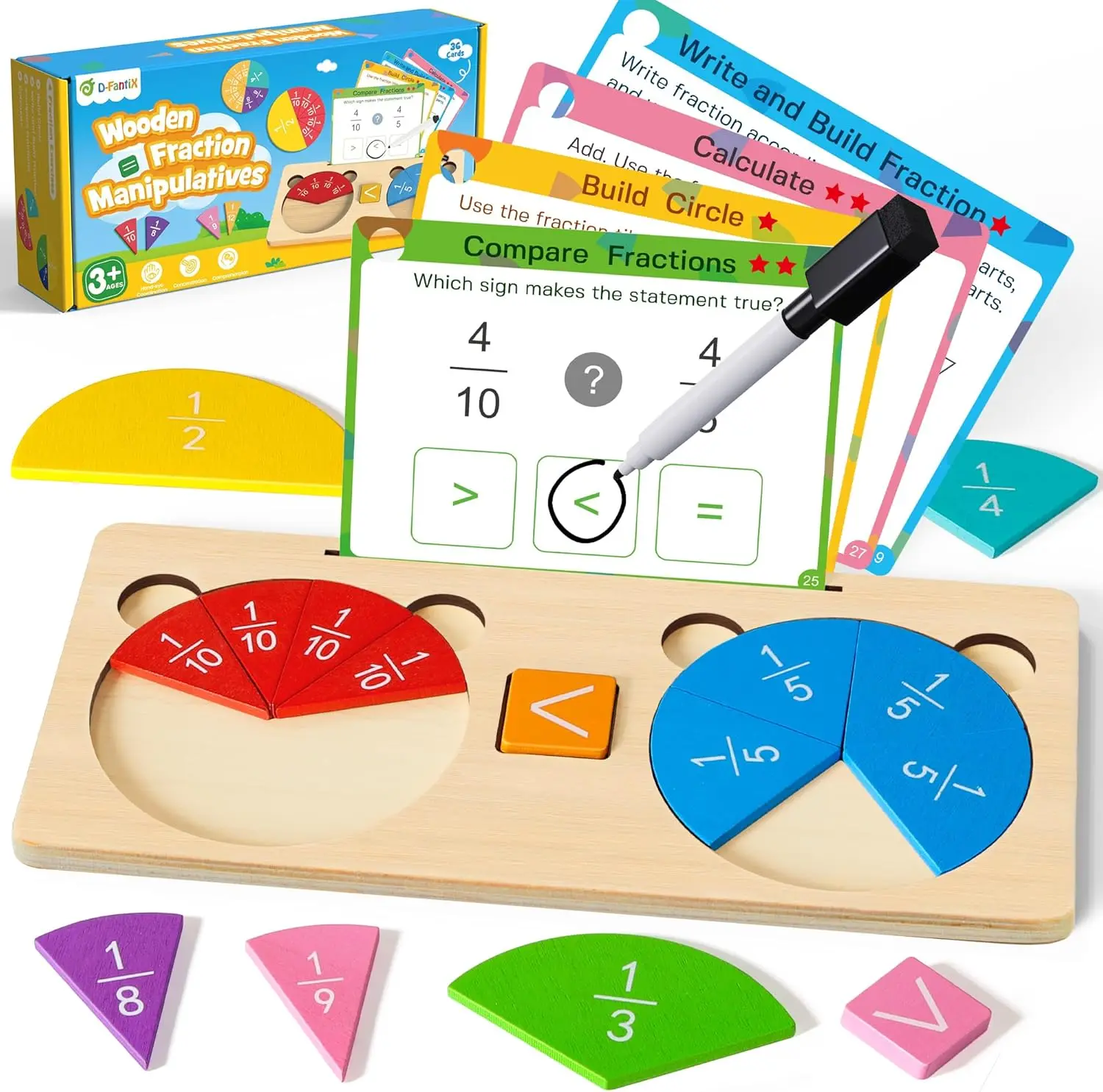 

Fraction Puzzle Set - Wooden Tiles & Circles, Math Manipulatives for Kids, Educational Learning Toy