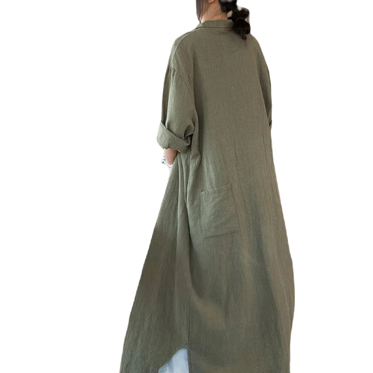 ゆったりとしたヘンプコットンカーディガン、膝丈、無地、多用途、秋の新作、レディース通勤、スリーブロングコート