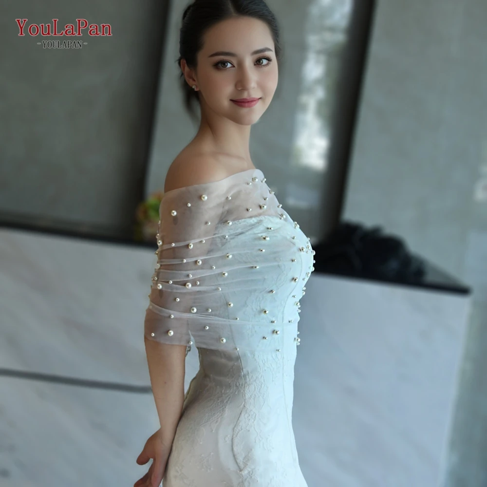 Taurapan VG73A jaket Tulle putih mutiara, jaket wanita elegan lengan Puff pernikahan aksesori syal pernikahan dapat dilepas