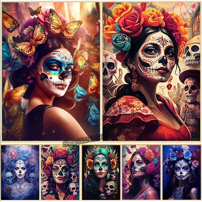 1pc frameless canvas painting Mexican Girl Day of The Dead Gothic Catrina Sugar Skull Canvas Painting Posters and Prints Wall