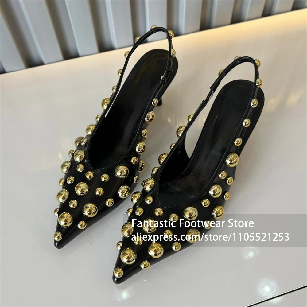 Mixed Size Gold Round Bead Studs Sandals Elastic Back Strap Sandals Slip On Slingback Design Pointed Toe Leather Upper Pumps