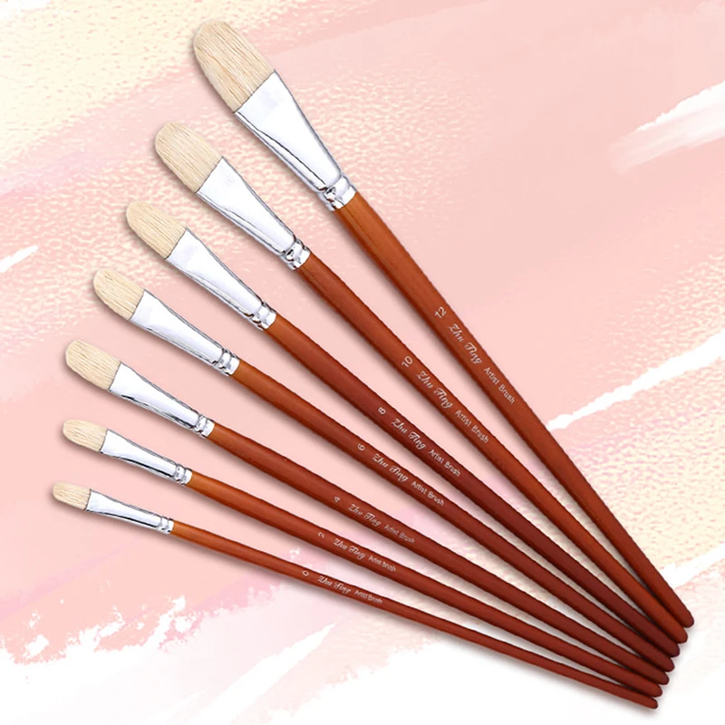 7Pcs Professional Hog Bristle Filbert Oil Paint Brushes Set Long Wooden Handle For Oil Acrylic Painting Art Supplies