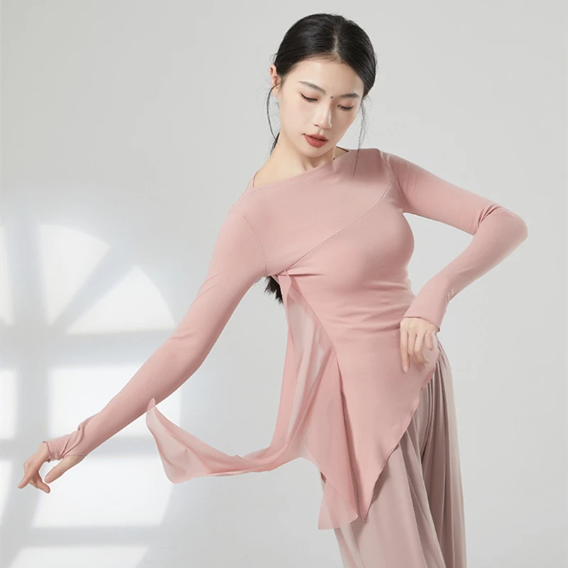 Women Modern Dance Top Long Sleeve Tulle Spliced Shirt Irregular Hem Latin Training Clothes Slim Top Thumb Hole Blouse Dancewear