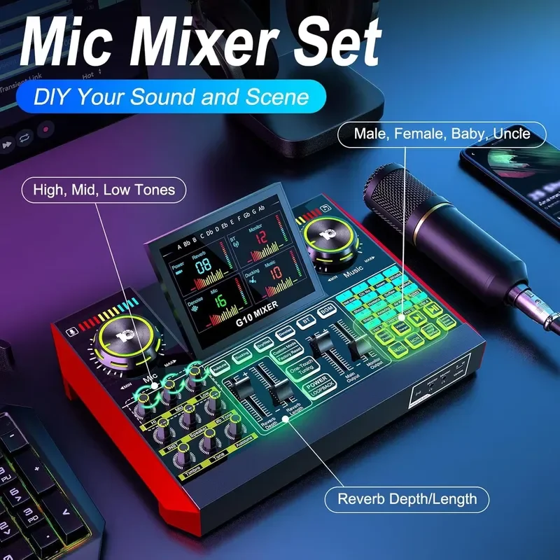 Podcast Microphone Bundle G10 MIXER USB 2 External Audio Mixer for PC/Youtube Live Streaming Singing Gaming Sound