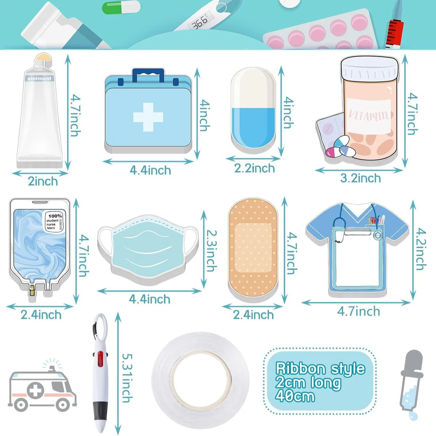 ตลกพยาบาลนักเรียนของขวัญพยาบาล Sticky Notepad พร้อมปากกา Retractable รถรับส่งปากกาพยาบาลสัปดาห์ Appreciation ของขวัญ