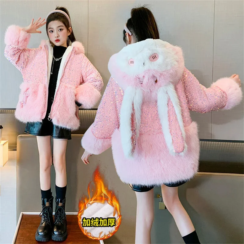 Children's Fur Coat Girls Winter Cartoon Sweet Sequins Hooded Coat Jacket Teenager Girl Princess Thick Cotton Outerwear 3-12Year