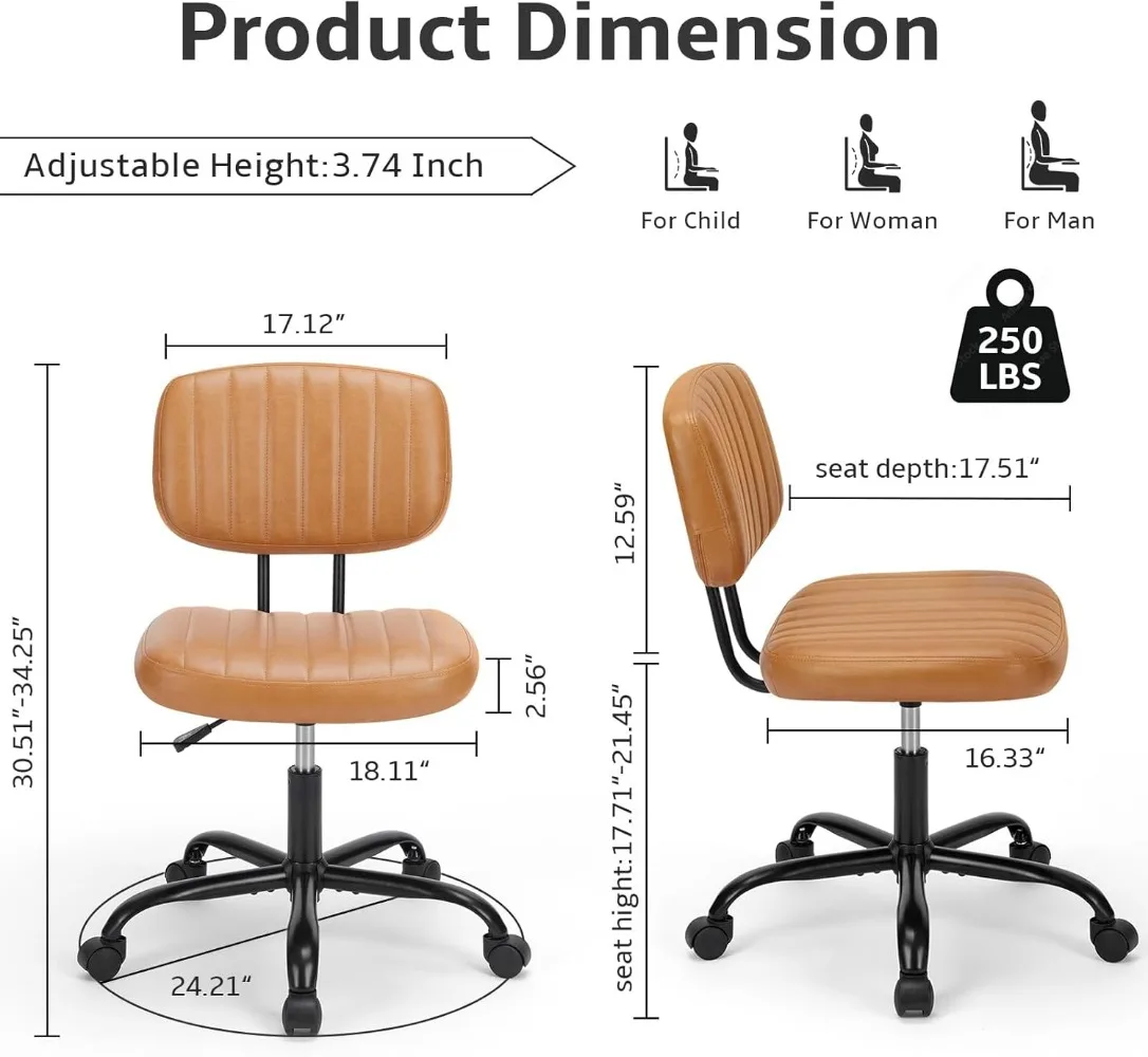 Armless Home Office Chair Ergonomic Desk with Comfy Low Back Lumbar Support, PU Leather with 360° Swivel Wheels, for Small Space