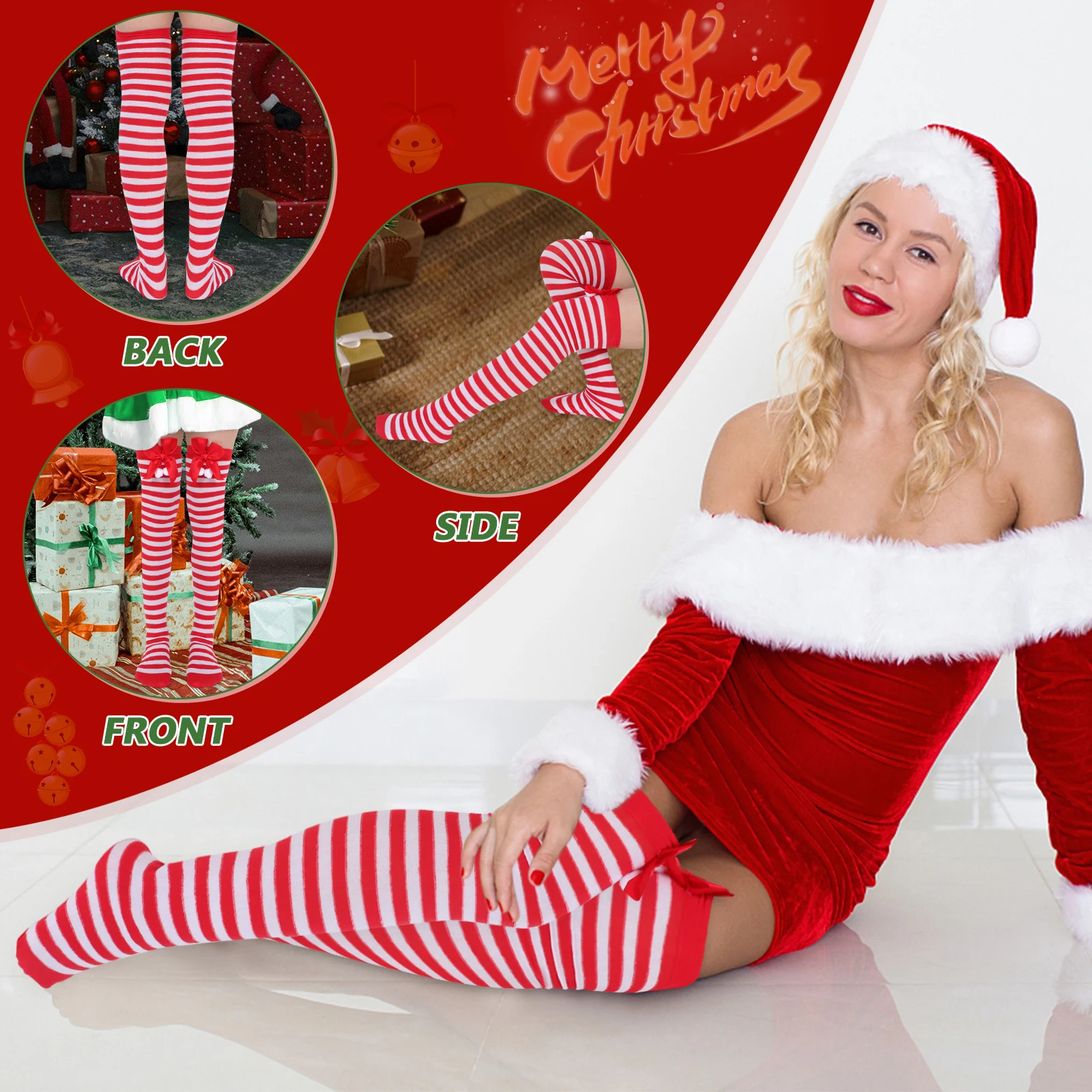 

Christmas Long Socks High Quality Elastic Red White Striped Bowknot Warm Stockings Ideal Festival Gift Home Decor