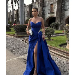 Amanda Satin Strapless V Neck robes de soirée Side High Split Floor-Length Draped Evening Dresses Valentines Day Wedding Dress