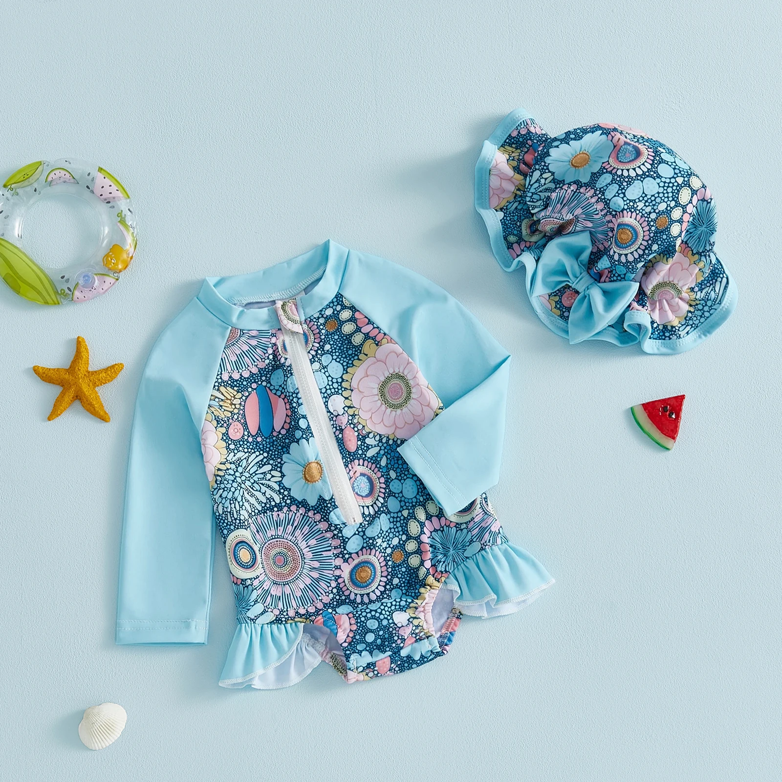Summer Newborn Baby Girls Swimsuits Floral Rash Guard Long Sleeve Zip-up Bathing Suits with Caps Swimwear Beachwear